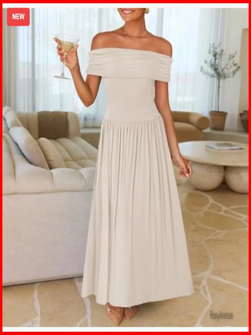 Sleeveless Off Shoulder Maxi Dress Slim Fit Swing Pleated Formal Casual - Picture 2 of 7